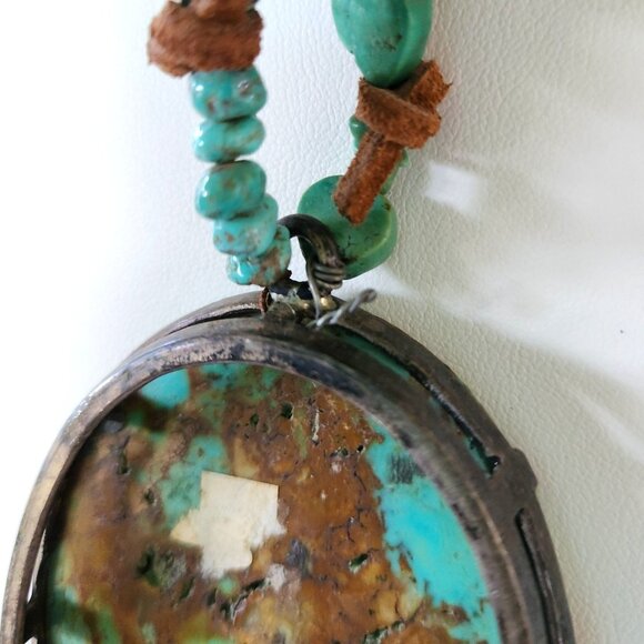 Rustic Turquoise Nugget Necklace With Large Oval Stone Pendant & Leather Cord - Picture 5 of 14
